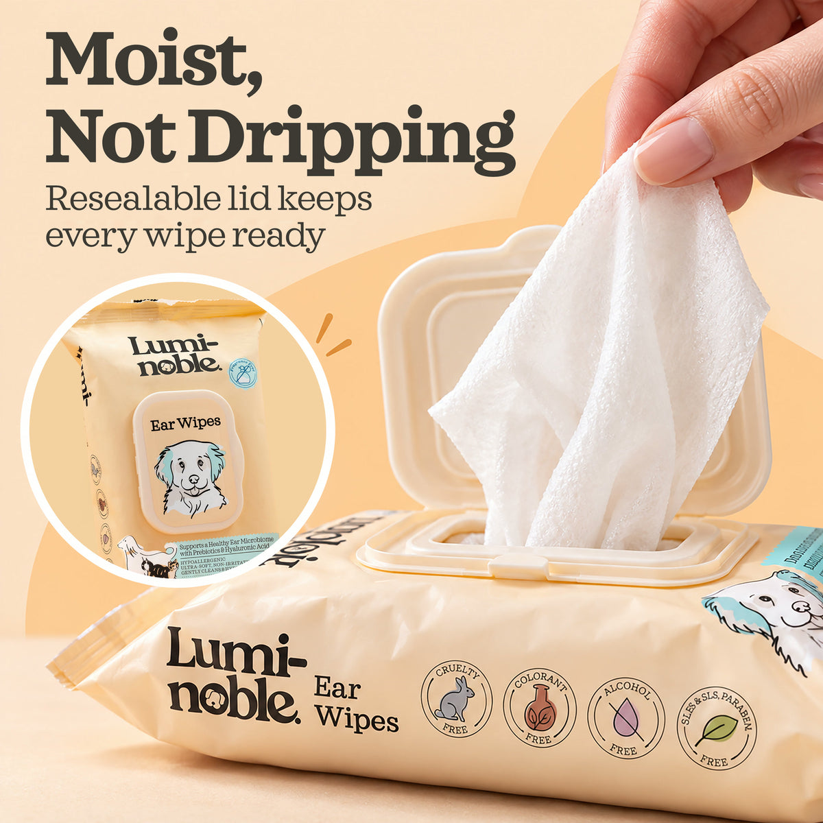 Resealable lid keeps Lumi-noble Ear Wipes moist and ready to use