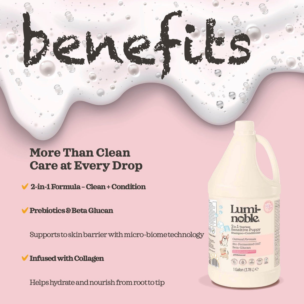 Benefits of Lumi-noble 2-in-1 Puppy Shampoo and Conditioner 1 gallon: prebiotics, beta-glucan and collagen