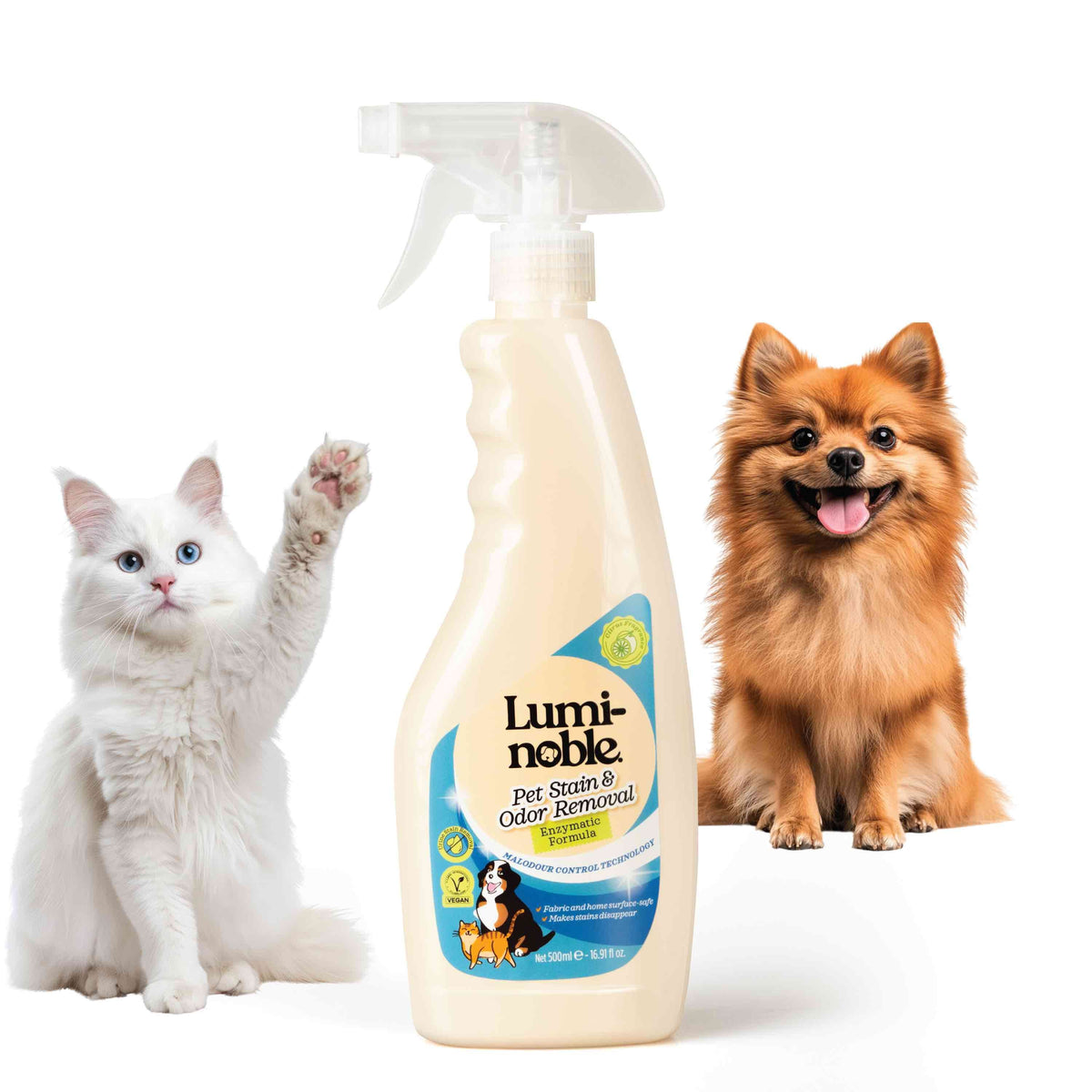 Lumi-noble Pet Stain and Odor Remover spray bottle between a white cat and a Pomeranian dog