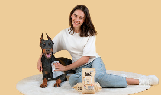 Smiling pet parent with a Doberman holding a pack of Lumi-noble Fragrance Free Cleansing Pet Wipes