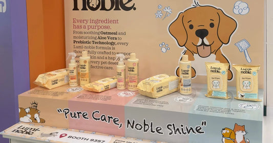 Lumi-noble pet care product display at SUPERZOO 2026, featuring the new Eye Wipes and Ear Wipes at Booth 9357