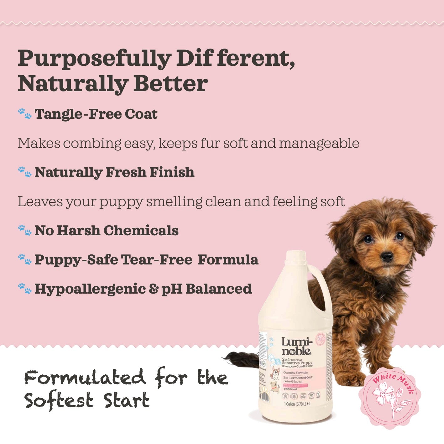 2in1 Tearless Puppy Shampoo & Conditioner 1 Gallon, Hypoallergenic Oatmeal & Collagen Formula, Sensitive Skin, Alcohol-Free, Moisturizing, Dry & Itchy Skin Relief, pH Balanced, White Musk Scent