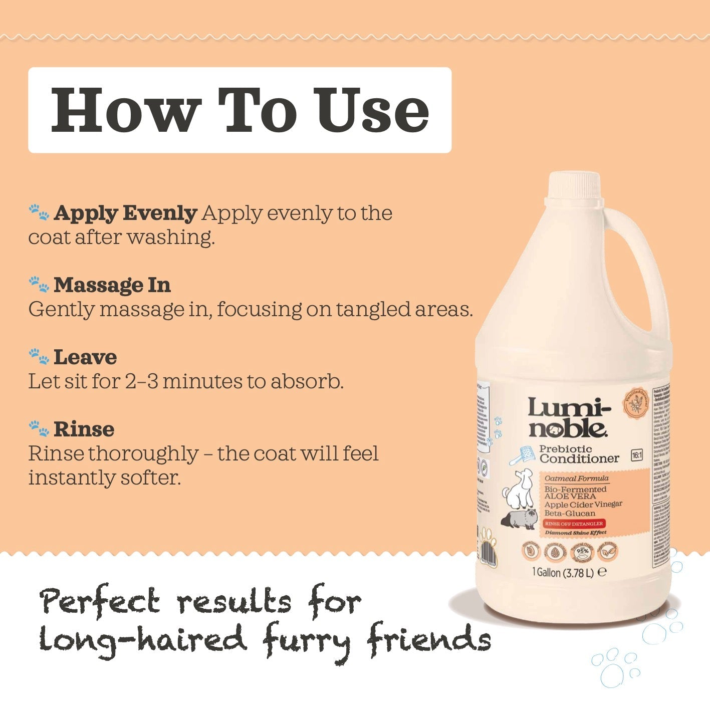 How to use Lumi-noble Prebiotic Pet Conditioner 1 gallon: apply evenly, massage in, leave, rinse