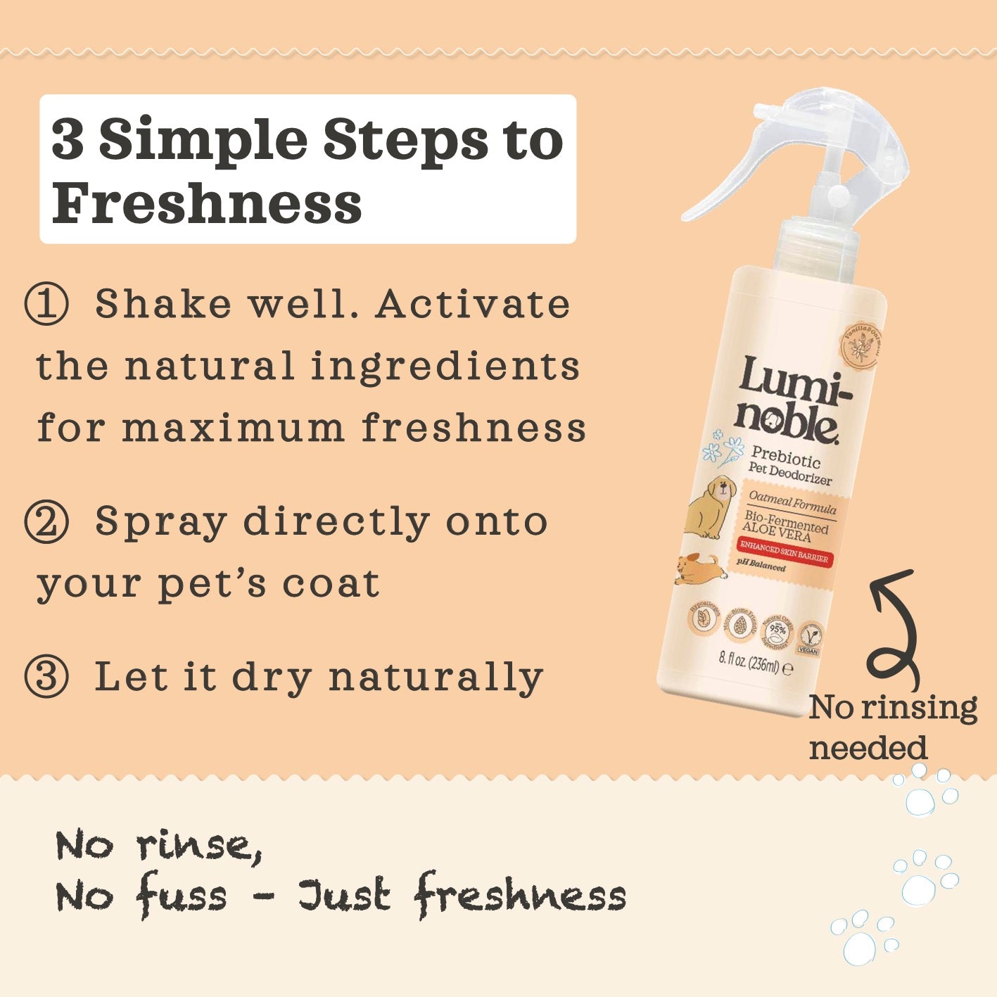 Prebiotic Pet Deodorizing Spray, 8oz – Oatmeal Formula, Hypoallergenic, Alcohol-Free