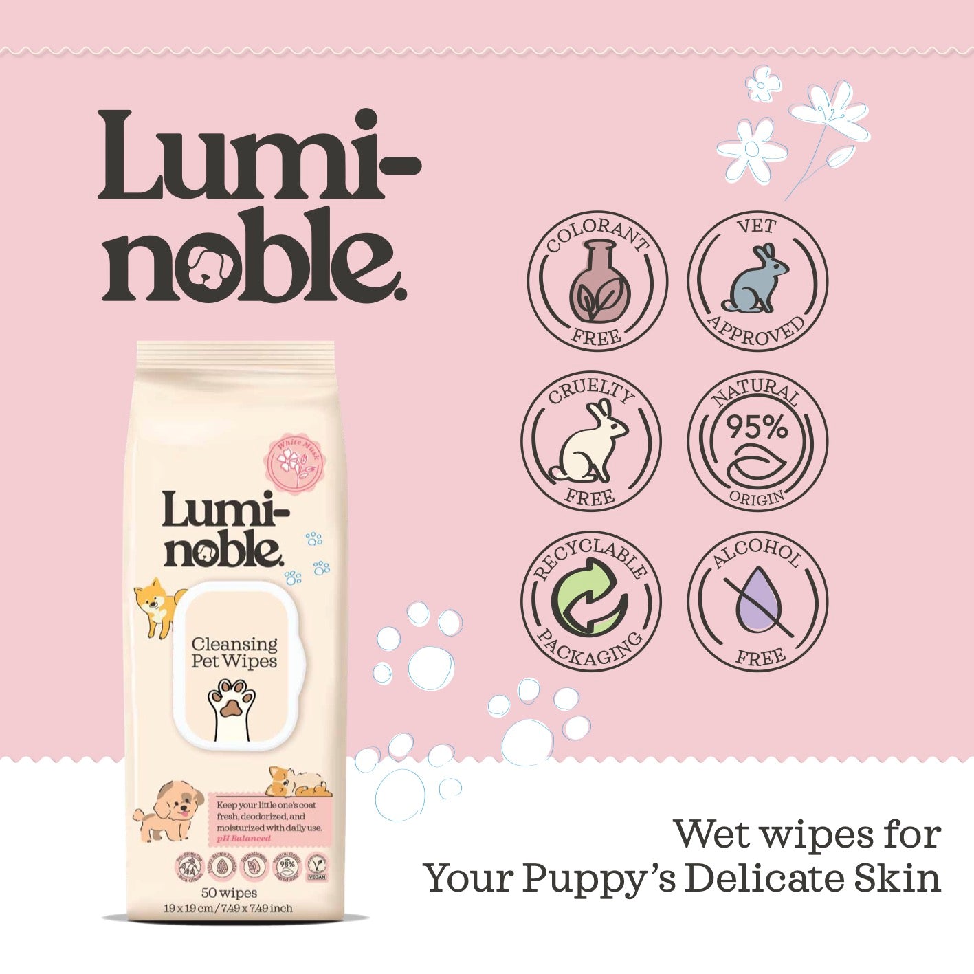 Lingettes nettoyantes pour chiots – Hypoallergéniques, biodégradables | 50 lingettes en coton