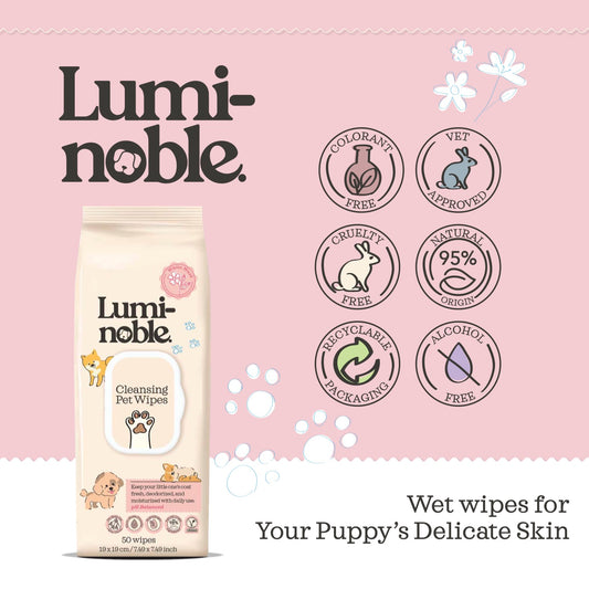 Cleansing Puppy Wipes – Hypoallergenic, Biodegradable | 50 Cotton Wipes