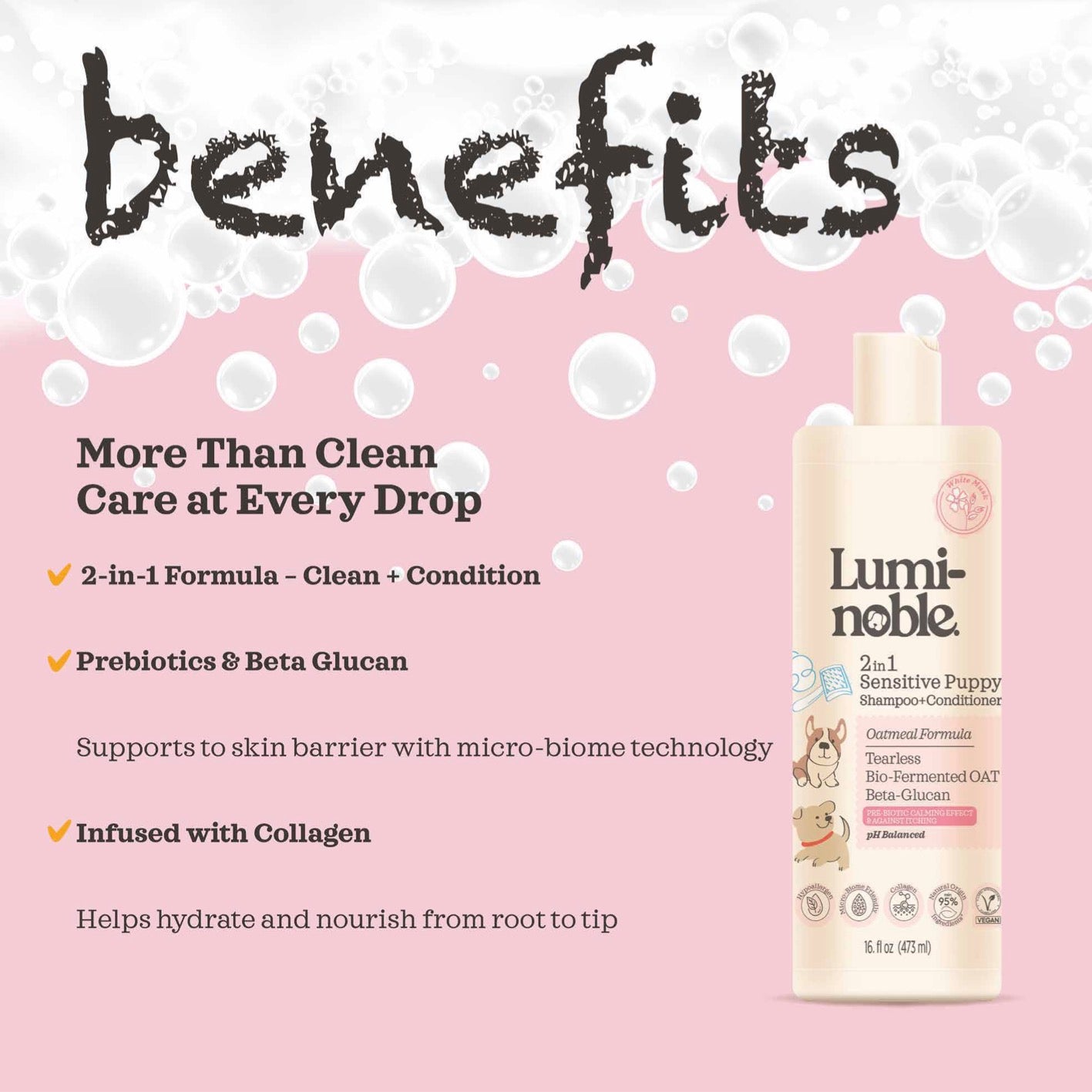 2in1 Tearless Puppy Shampoo & Conditioner 16 fl.oz, Oatmeal & Collagen Formula, Sensitive Skin Friendly, Alcohol-Free, Moisturizing, Dry & Itchy Skin Relief, pH Balanced, White Musk Scent