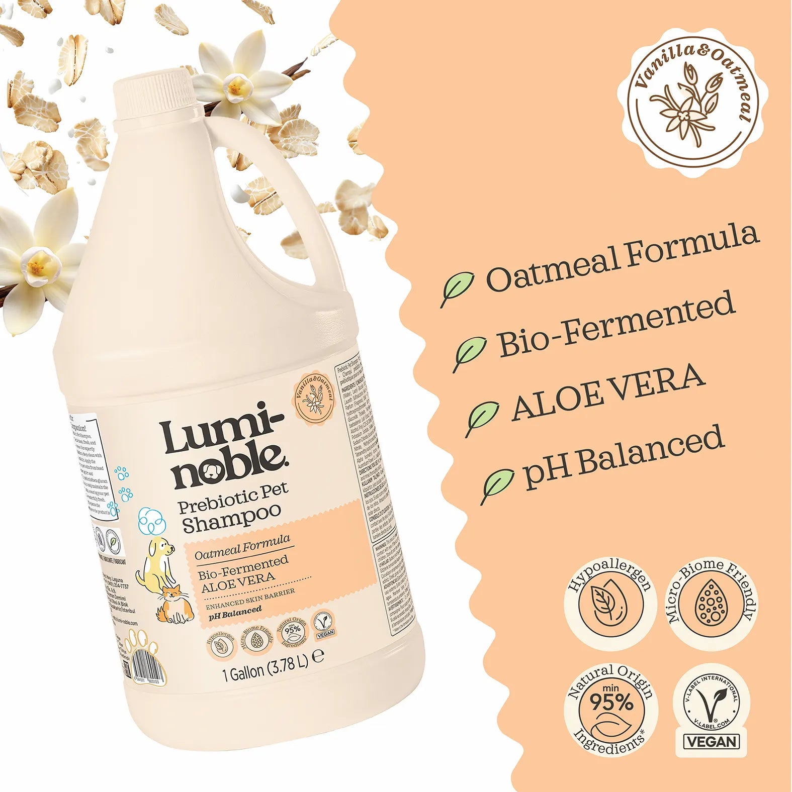 Lumi-noble Prebiotic Pet Shampoo 1 gallon bottle with oatmeal, bio-fermented aloe vera and pH balanced formula