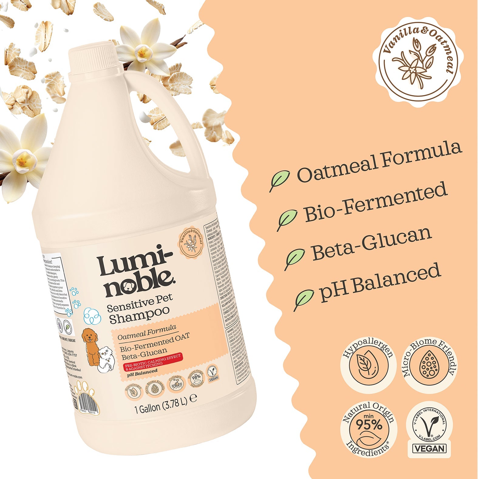 Lumi-noble Sensitive Pet Shampoo 1 gallon bottle with oatmeal, beta-glucan and pH balanced formula
