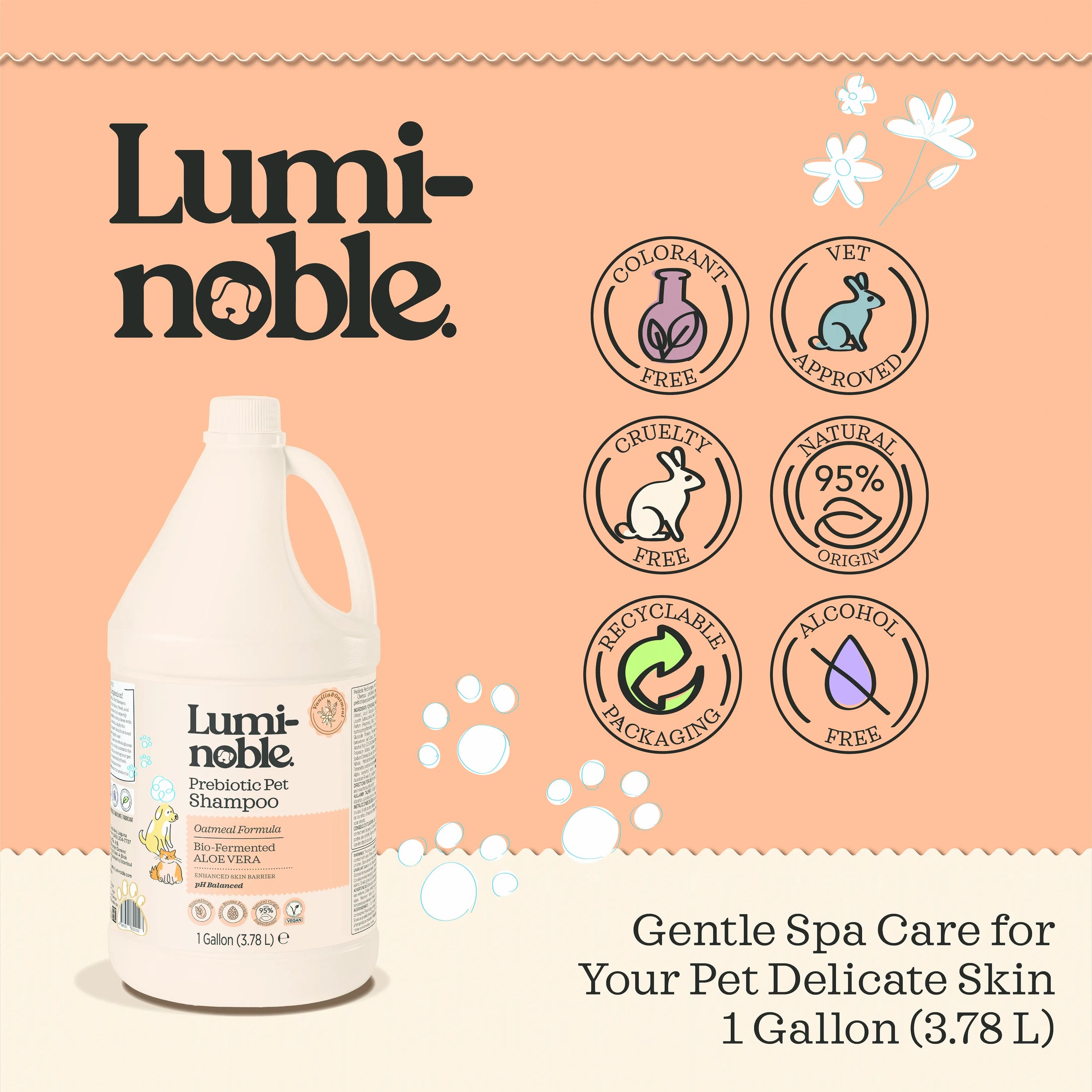 Lumi-noble Prebiotic Pet Shampoo 1 gallon salon size with cruelty free, vegan and 95% natural certifications