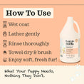 Load image into Gallery viewer, How to use Lumi-noble Prebiotic Pet Shampoo 1 gallon: wet coat, lather gently, rinse thoroughly, towel dry

