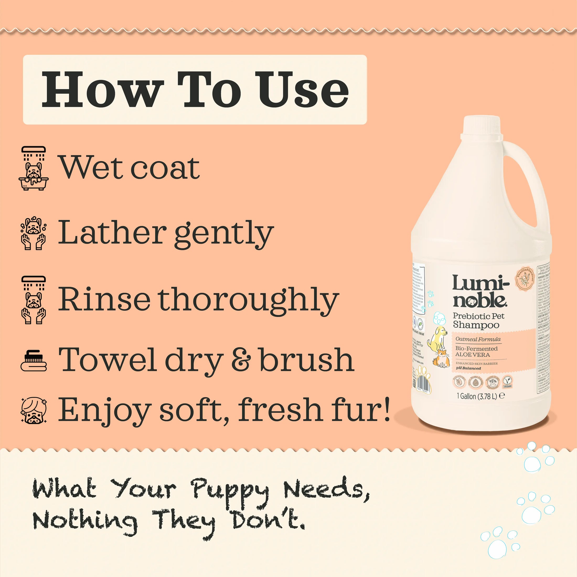 How to use Lumi-noble Prebiotic Pet Shampoo 1 gallon: wet coat, lather gently, rinse thoroughly, towel dry