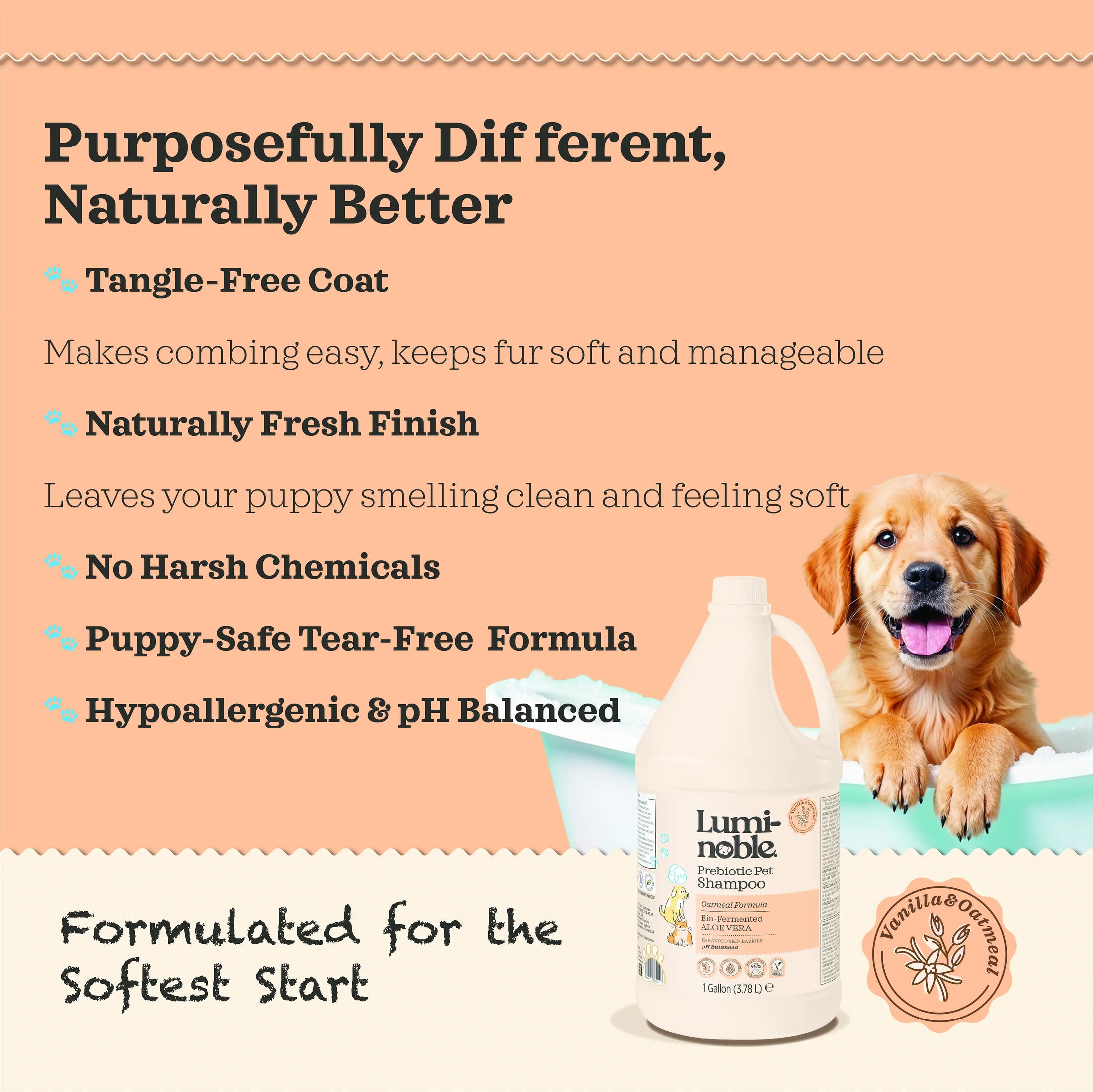 Lumi-noble Prebiotic Pet Shampoo 1 gallon tangle free and tear free formula benefits