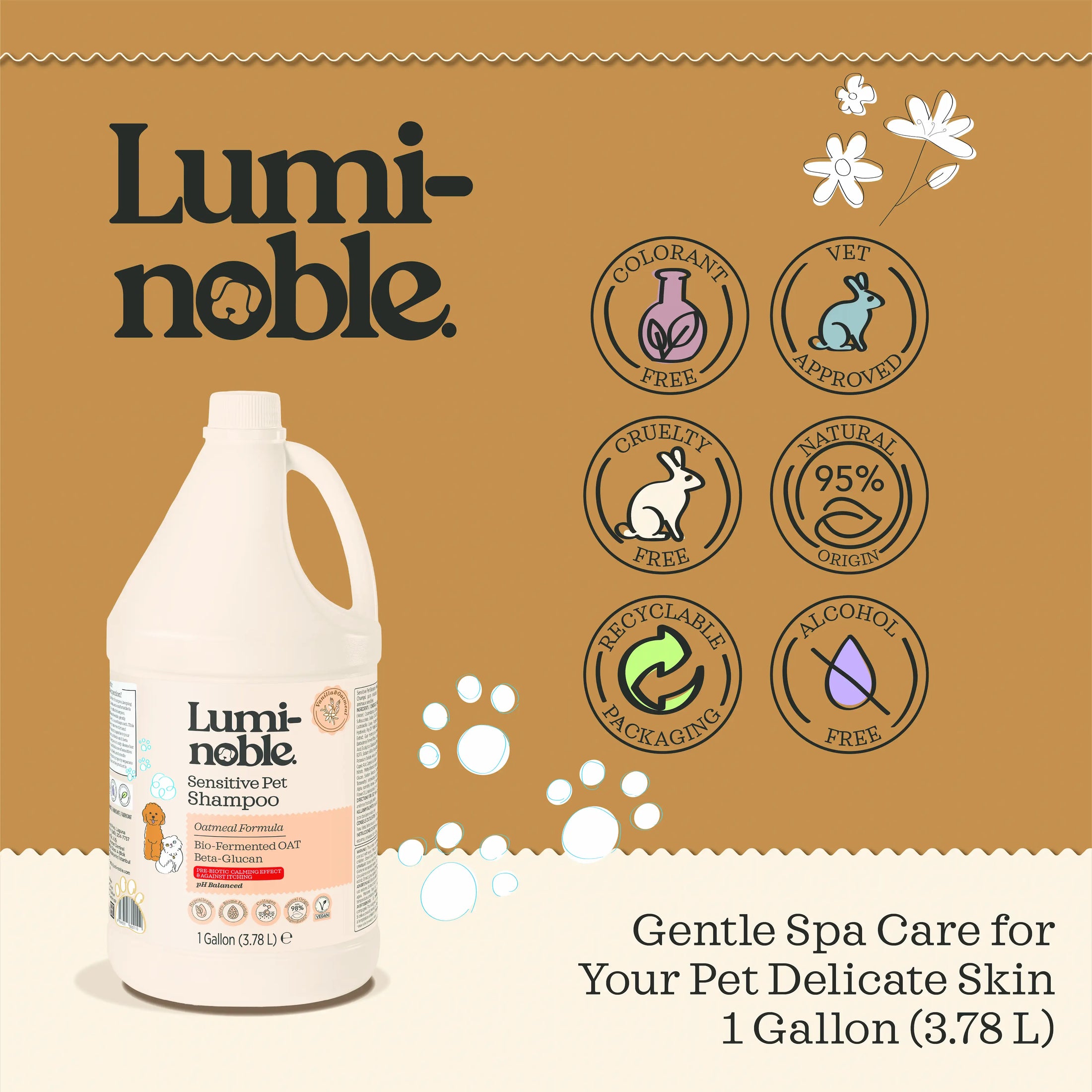 Lumi-noble Sensitive Pet Shampoo 1 gallon salon size with cruelty free, vegan and 95% natural certifications