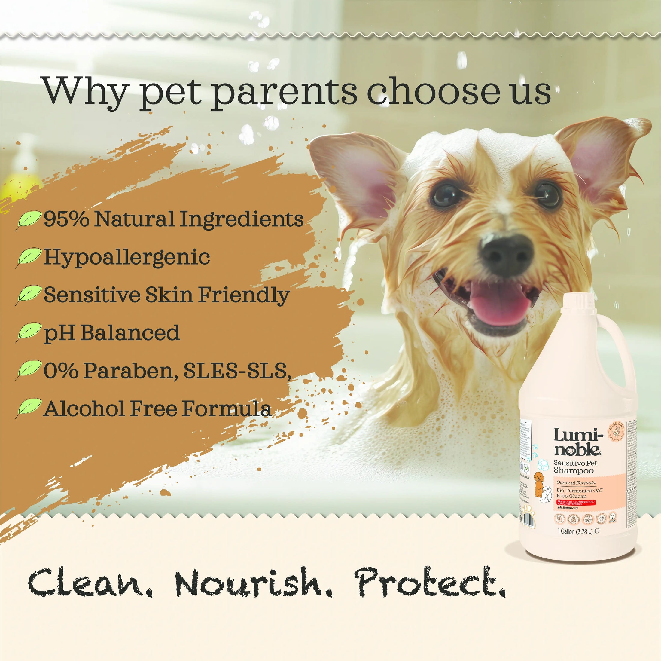 Why pet parents choose Lumi-noble Sensitive Pet Shampoo: hypoallergenic, sensitive skin friendly, alcohol free