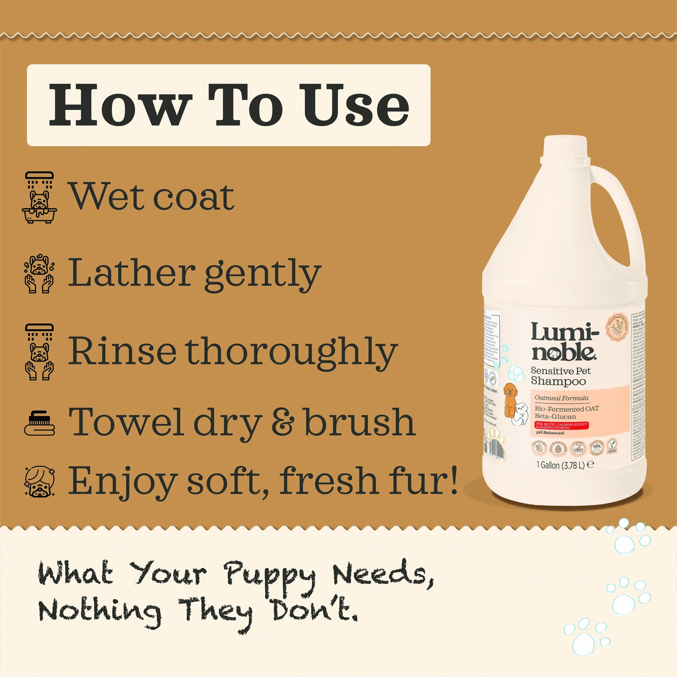 How to use Lumi-noble Sensitive Pet Shampoo 1 gallon: wet coat, lather gently, rinse thoroughly, towel dry