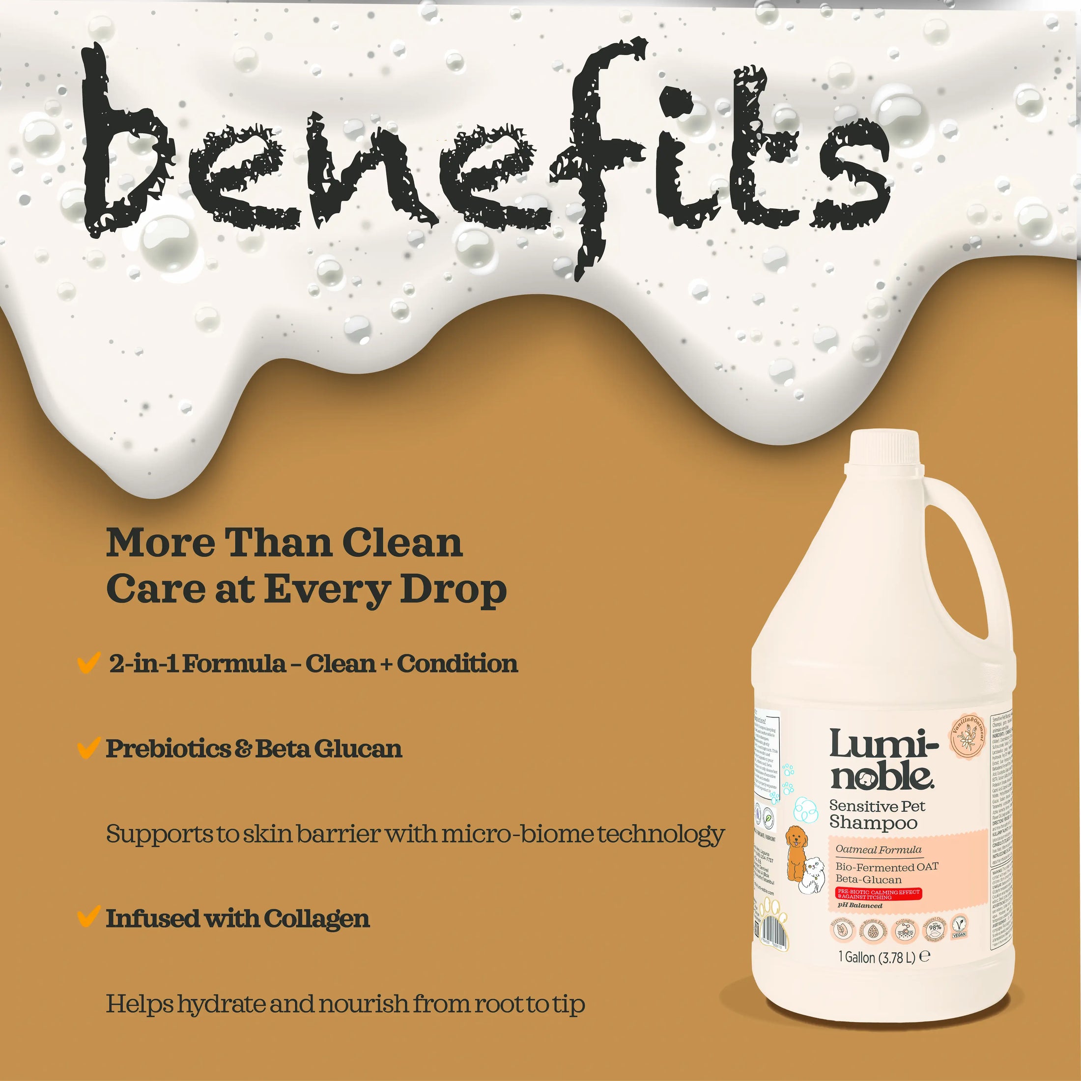 Benefits of Lumi-noble Sensitive Pet Shampoo 1 gallon: prebiotics, beta-glucan and collagen