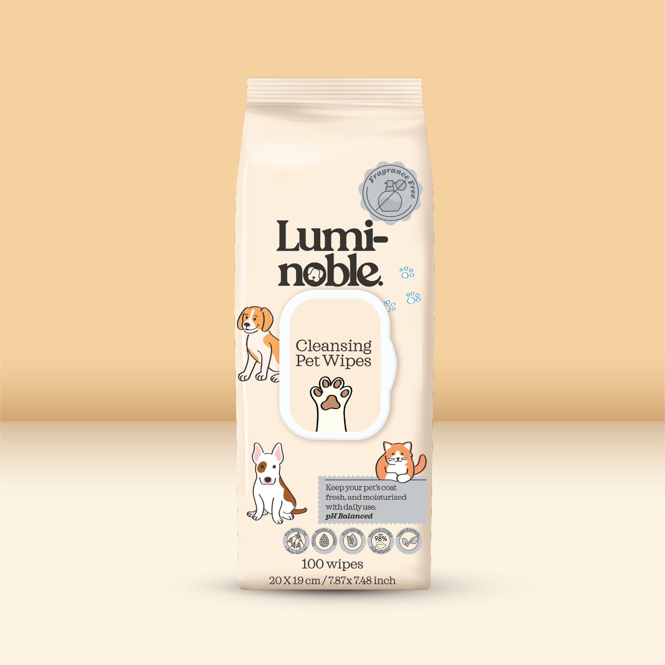 Lumi-noble Fragrance Free Cleansing Pet Wipes 100 count pack on cream background
