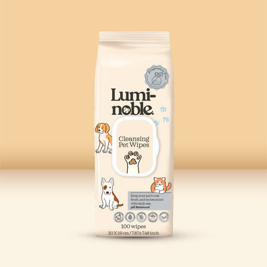 Lumi-noble Fragrance Free Cleansing Pet Wipes 100 count pack on cream background