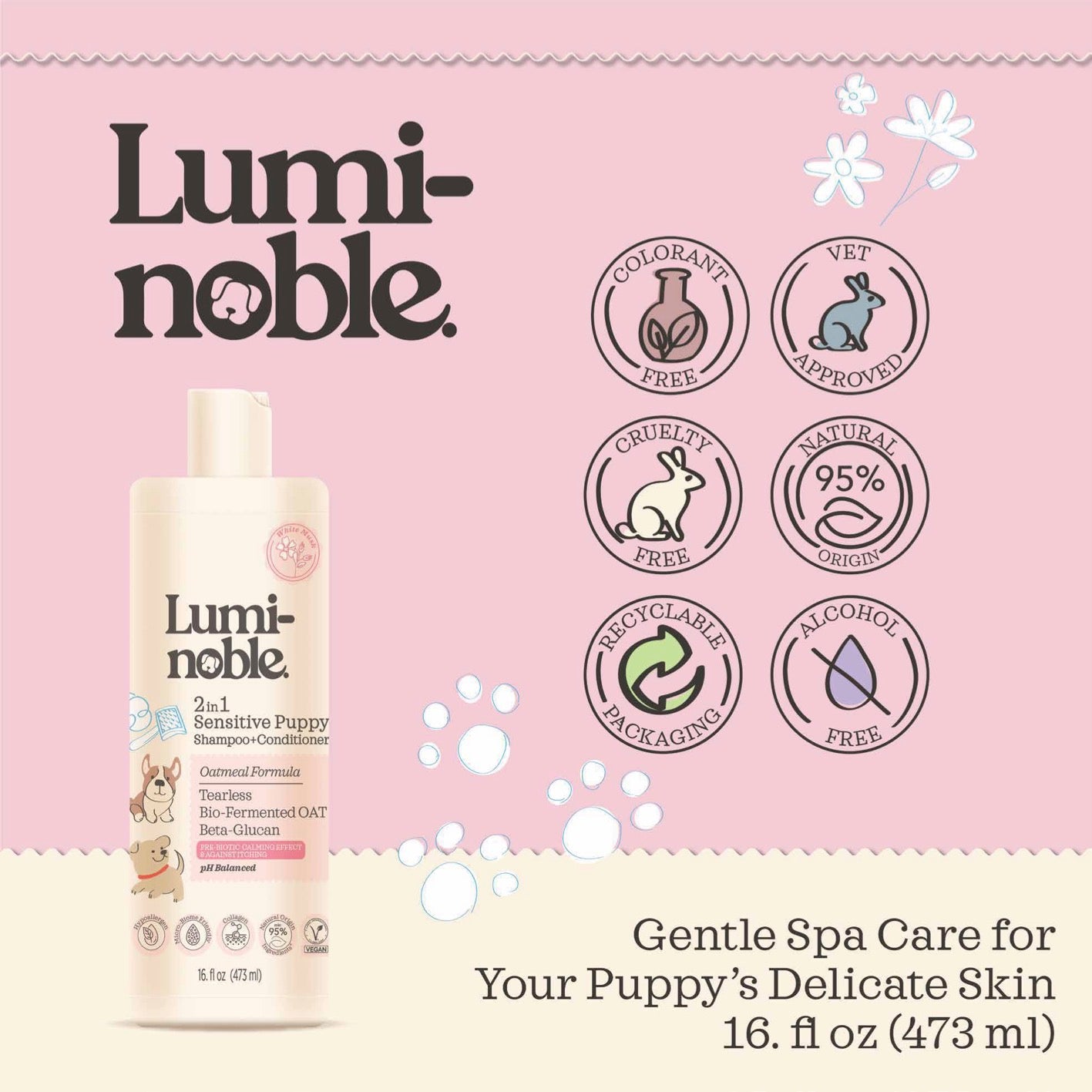 2in1 Tearless Puppy Shampoo & Conditioner 16 fl.oz, Oatmeal & Collagen Formula, Sensitive Skin Friendly, Alcohol-Free, Moisturizing, Dry & Itchy Skin Relief, pH Balanced, White Musk Scent
