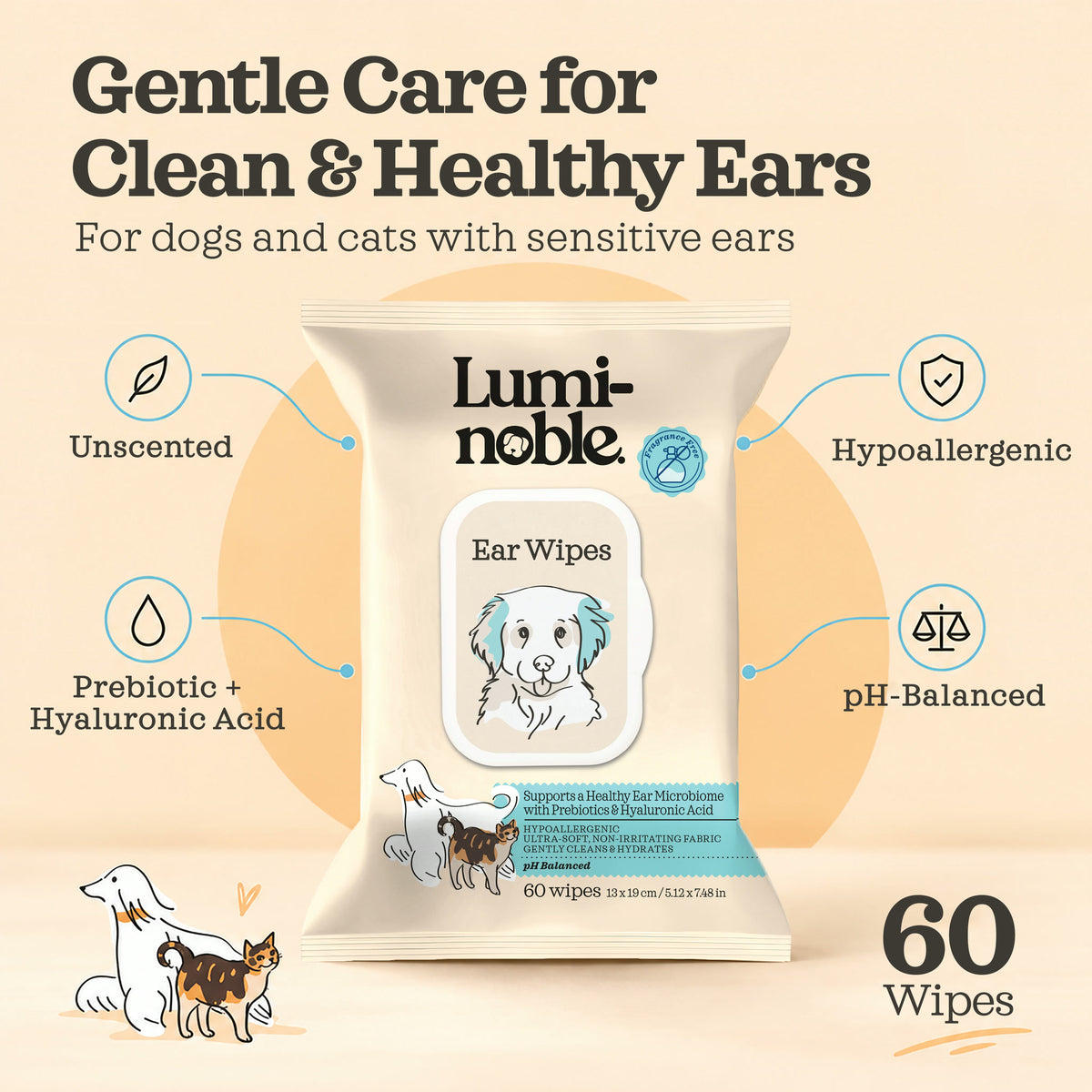 Lumi-noble Ear Wipes are unscented, hypoallergenic and pH-balanced with prebiotics and hyaluronic acid