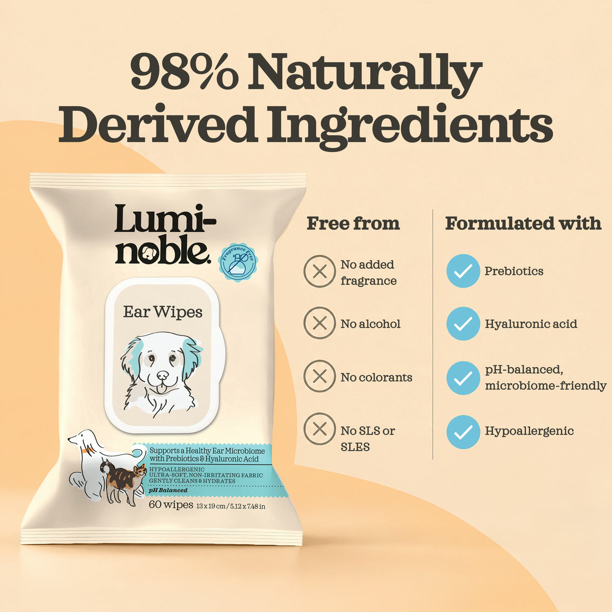 Lumi-noble Ear Wipes are 98% naturally derived and free from added fragrance, alcohol, colorants and SLS