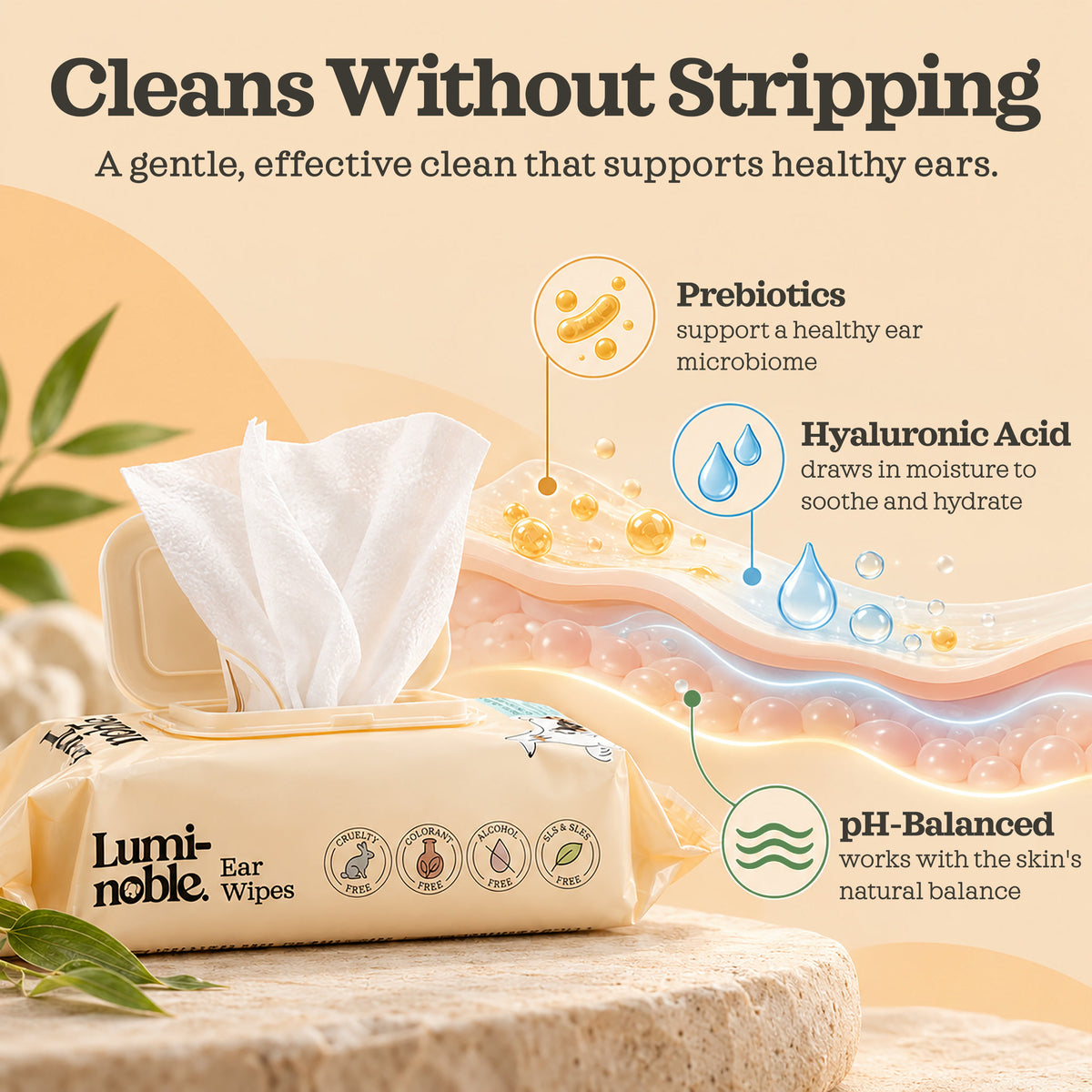 Open Lumi-noble Ear Wipes pack with prebiotics, hyaluronic acid and pH-balanced formula