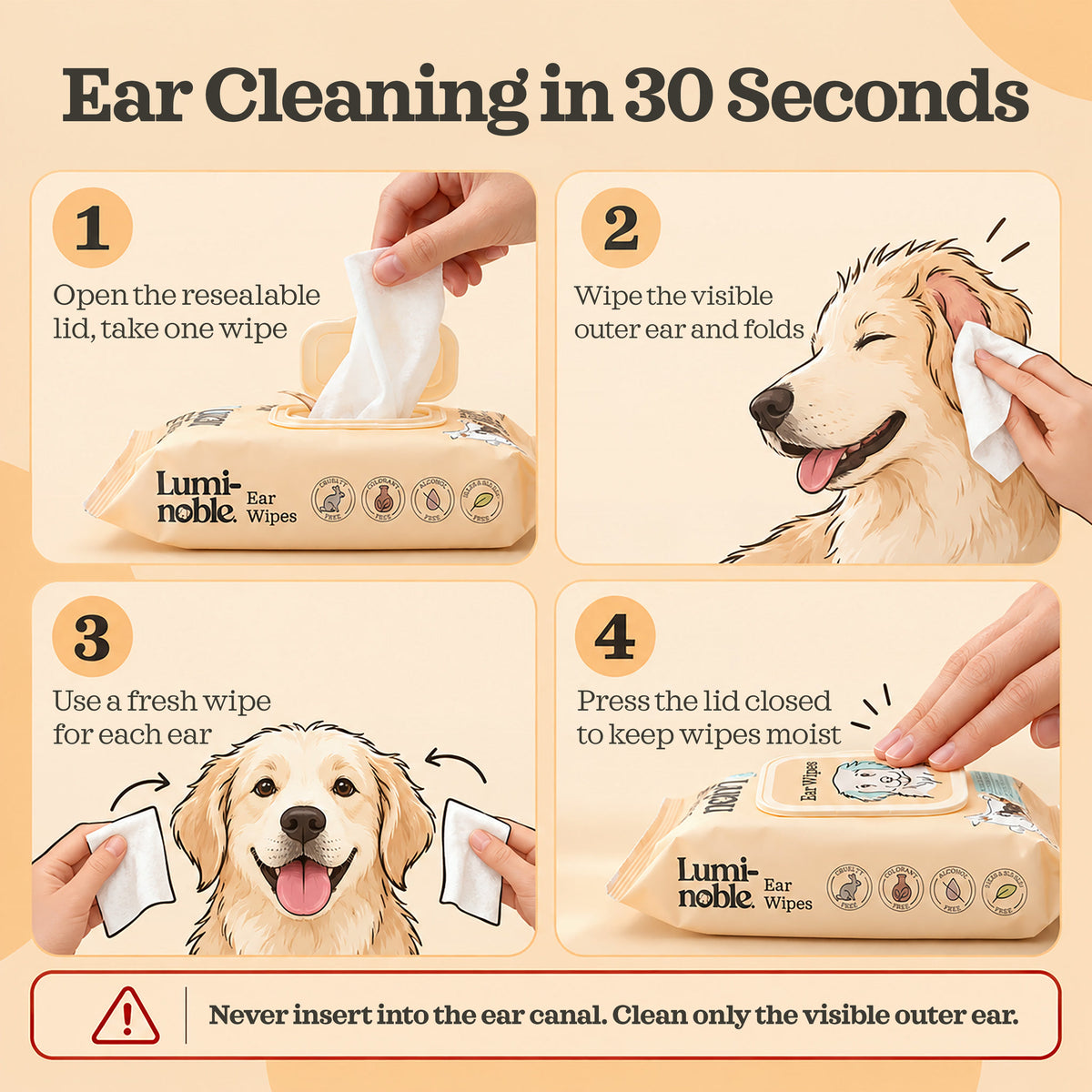 Four steps to clean a dog's visible outer ear in 30 seconds with Lumi-noble Ear Wipes