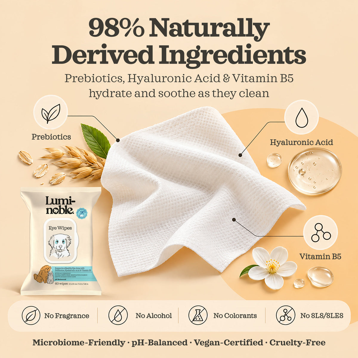 Lumi-noble Eye Wipes with prebiotics, hyaluronic acid and vitamin B5, 98% naturally derived