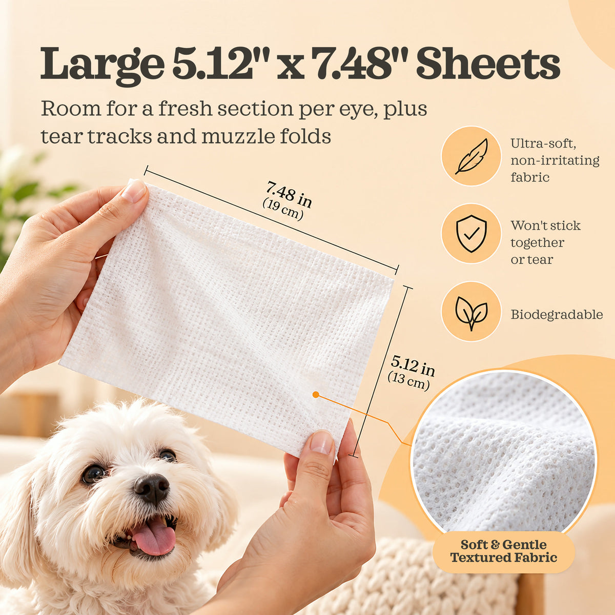Large 5.12 x 7.48 inch soft textured Lumi-noble eye wipe next to a white puppy