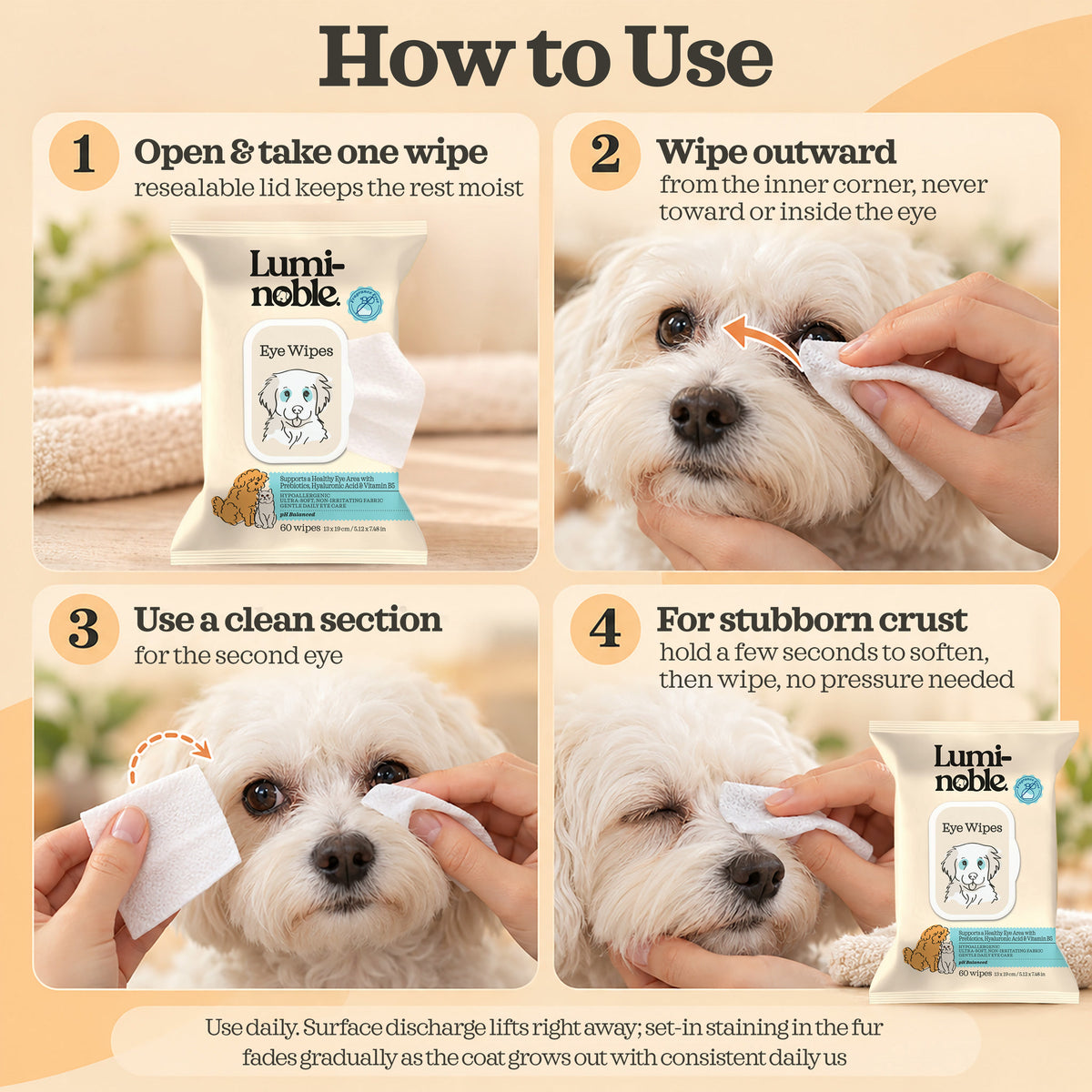 How to use Lumi-noble Eye Wipes in four steps, wiping outward from the inner corner
