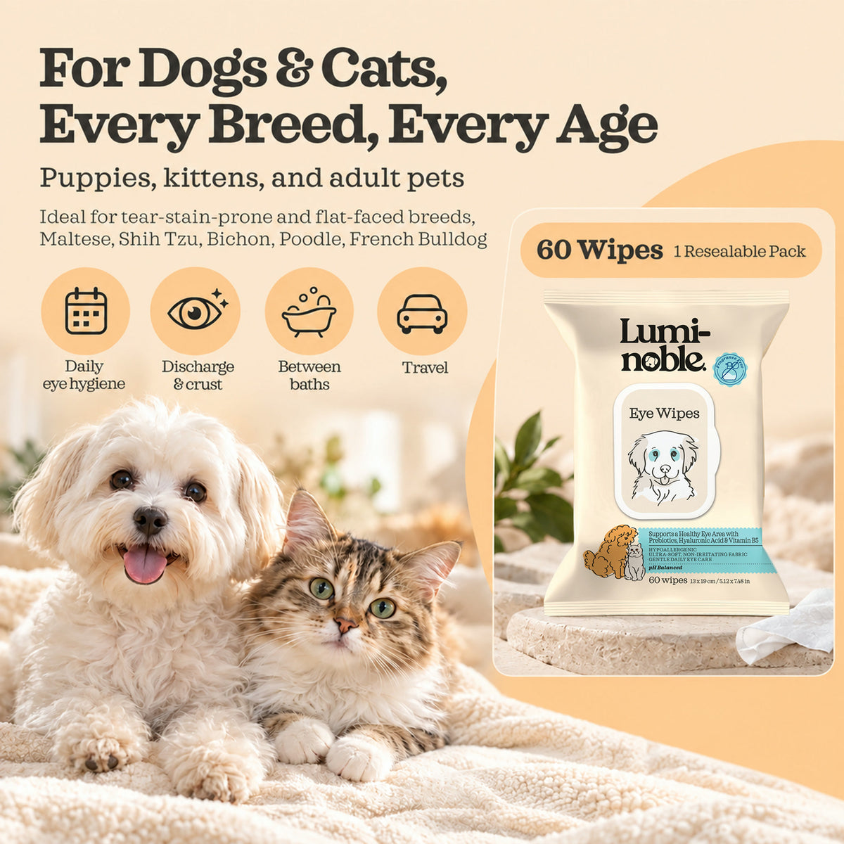 Lumi-noble Eye Wipes for dogs and cats of every breed and age, 60 wipes per resealable pack