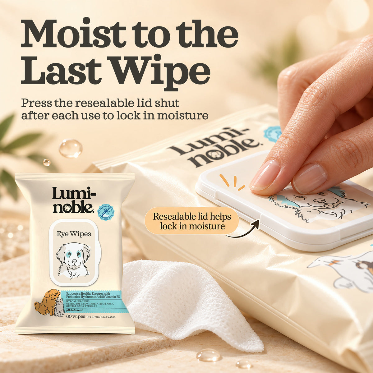 Hand pressing the resealable lid shut on a Lumi-noble Eye Wipes pack
