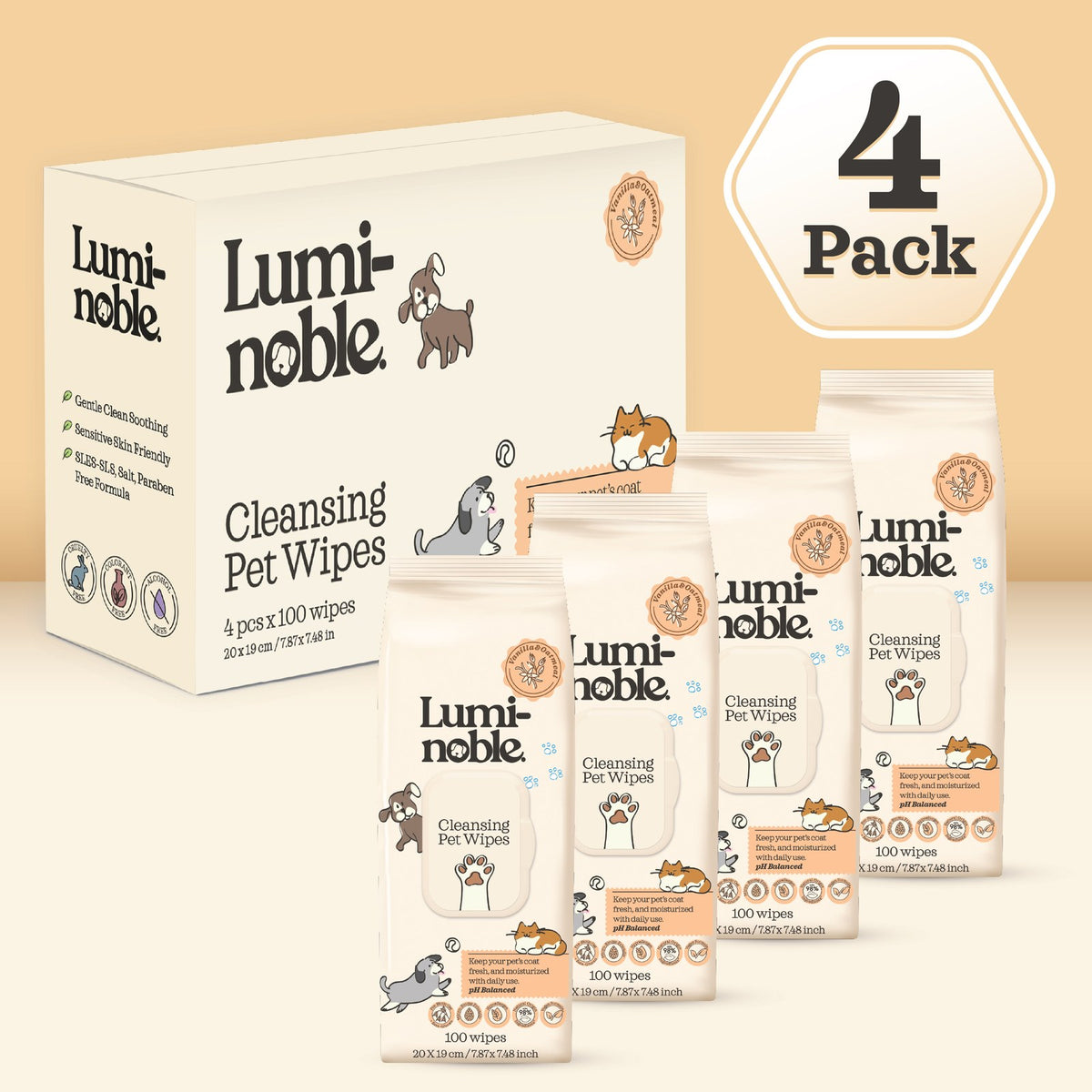 Lumi-noble Cleansing Pet Wipes Vanilla & Oatmeal 4-pack case with four 100 count packs