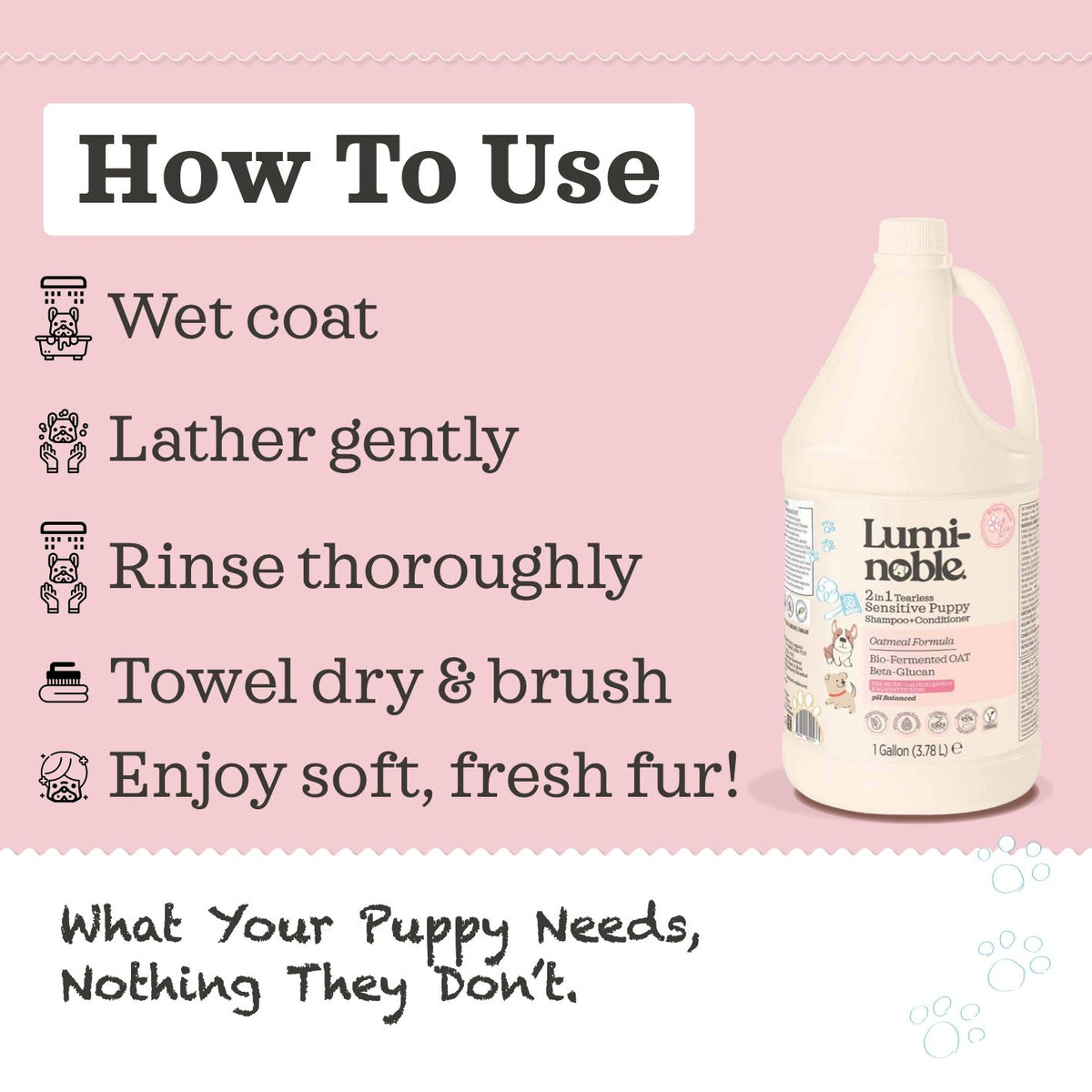 How to use Lumi-noble 2-in-1 Puppy Shampoo and Conditioner 1 gallon: wet coat, lather gently, rinse thoroughly, towel dry