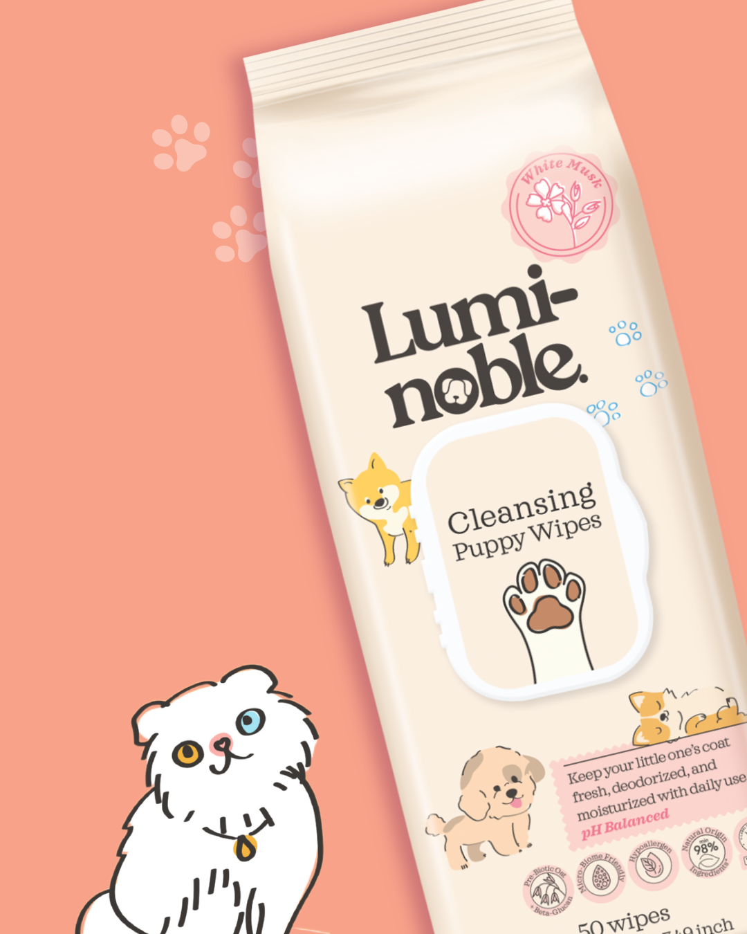 Cleansing Puppy Wipes – Hypoallergenic, Biodegradable | 50 Cotton Wipes