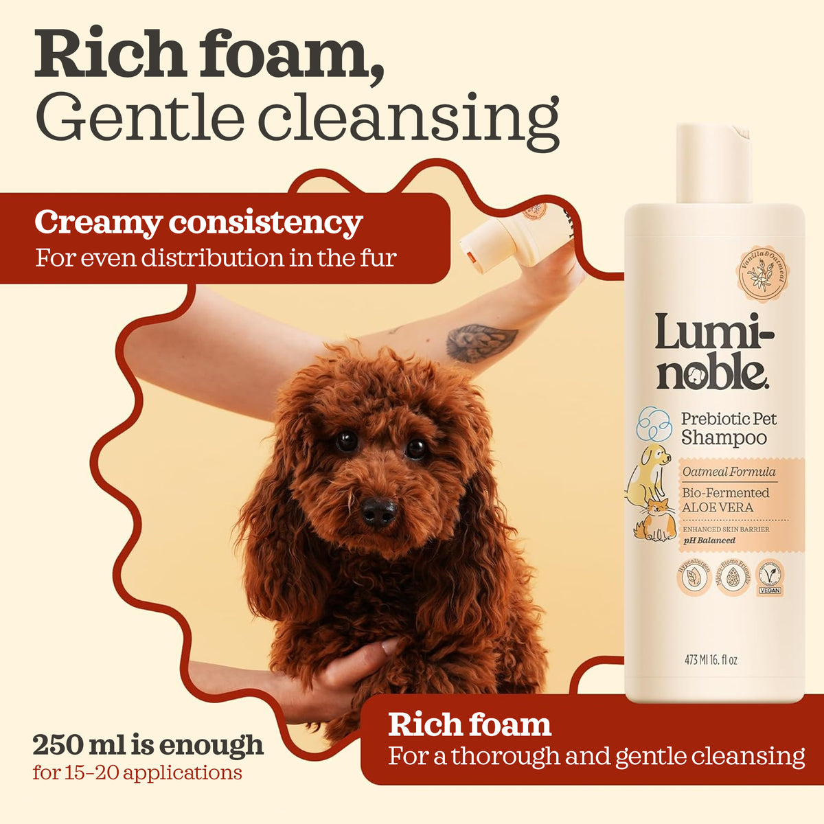Prebiotic Pet Shampoo – rich foam texture demonstration